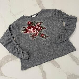 Skylar + Jade Cinched Sleeve Embroidered Floral LongSleeve Top Womens Small Gray